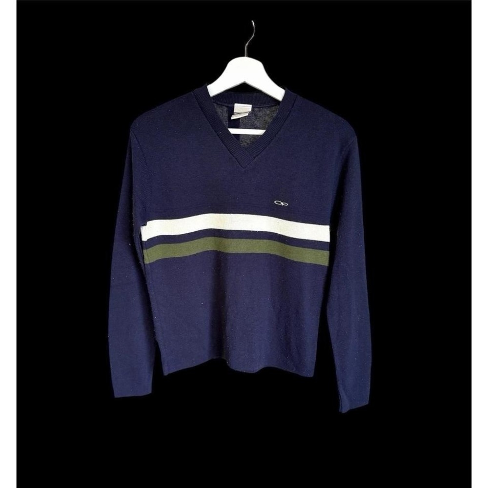 Vintage 90's OP Ocean Pacific Sweater Cyber Stripe V-Neck Sz Medium Surf Y2K